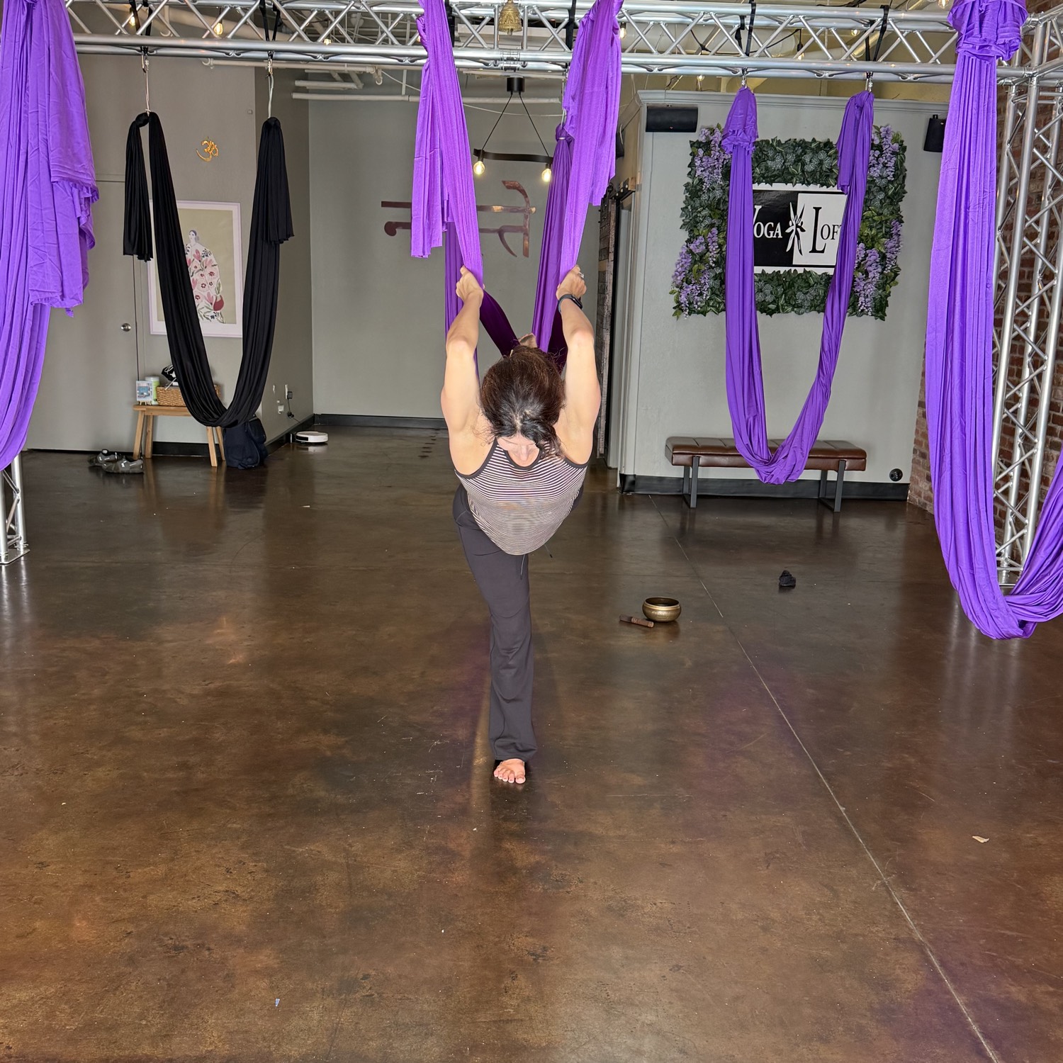 Purple aerial hammocks in the Yoga Loft studio